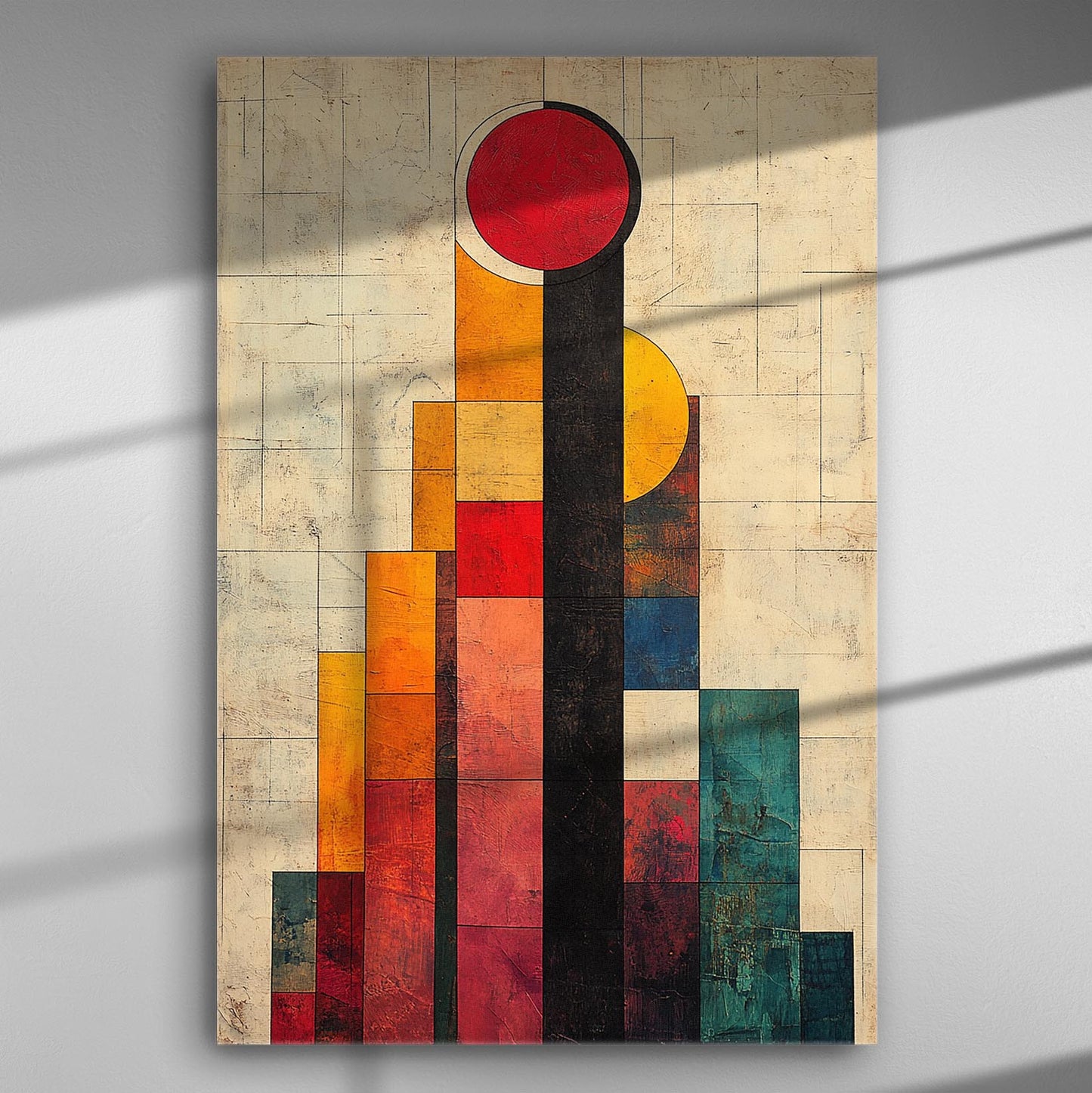 Abstract geometric canvas print featuring bold red, yellow, and blue shapes.
