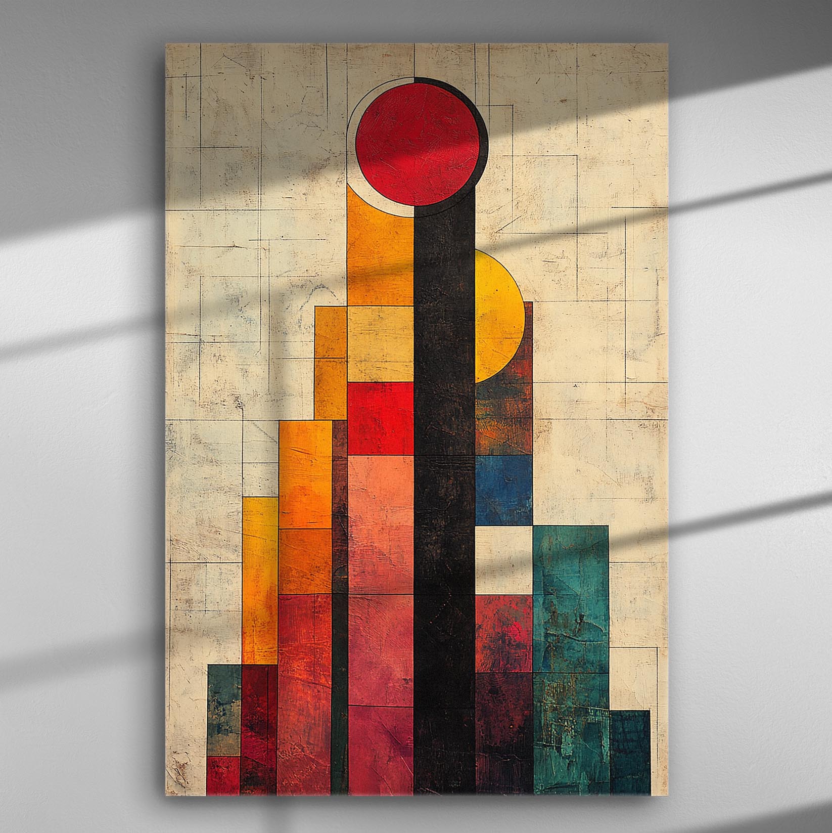 Abstract geometric canvas print featuring bold red, yellow, and blue shapes.