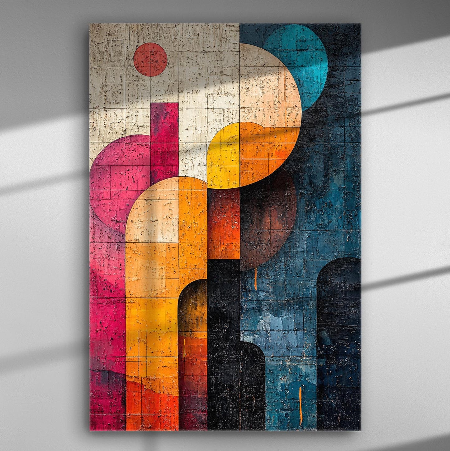 Abstract geometric art canvas print with circles and rectangles in warm and cool colors.