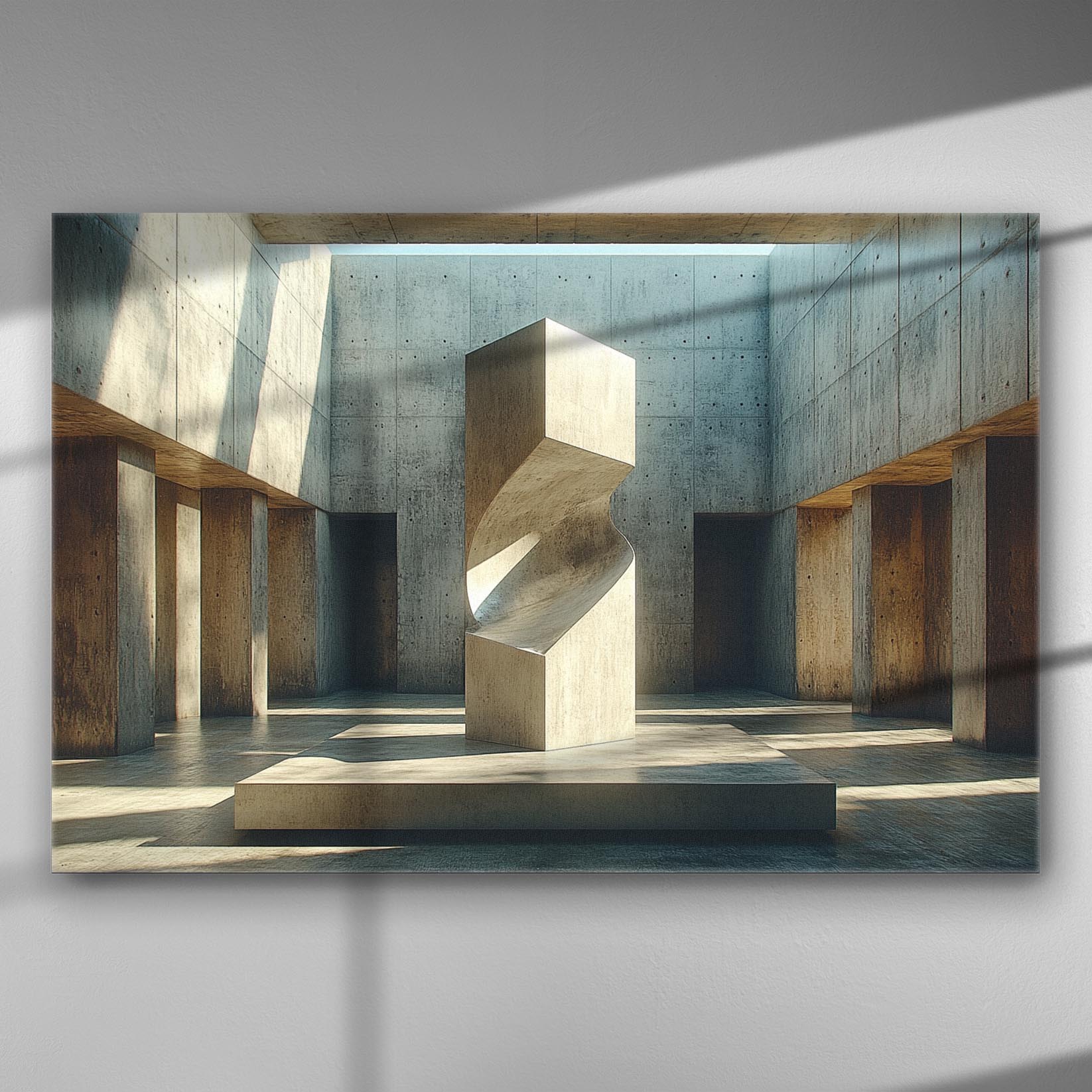 Modern architectural scene with geometric shapes and light shadows on a canvas print.