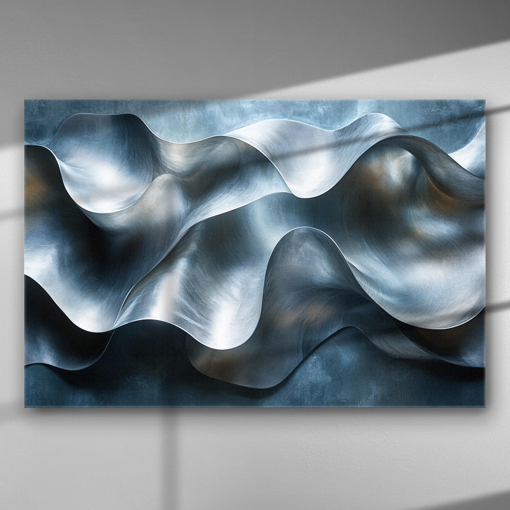 Abstract painting with wavy metallic forms in silver tones on canvas.