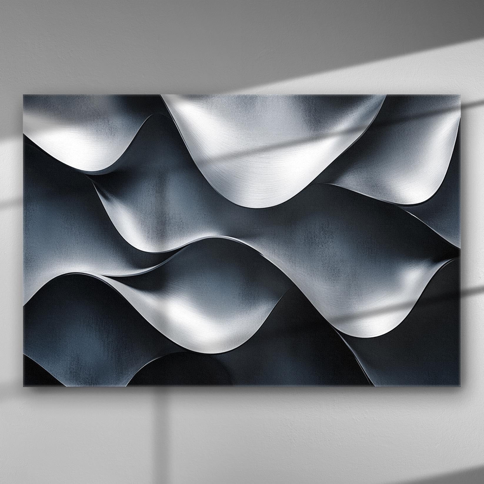 An abstract canvas print featuring flowing metallic waves with light and shadow contrasts.