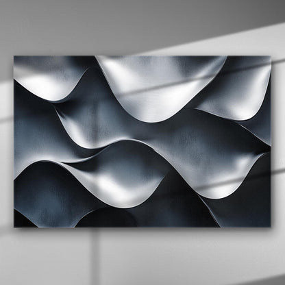 An abstract canvas print featuring flowing metallic waves with light and shadow contrasts.