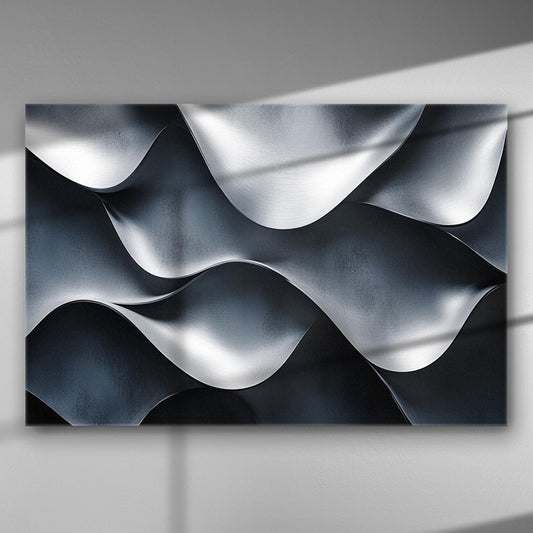 An abstract canvas print featuring flowing metallic waves with light and shadow contrasts.