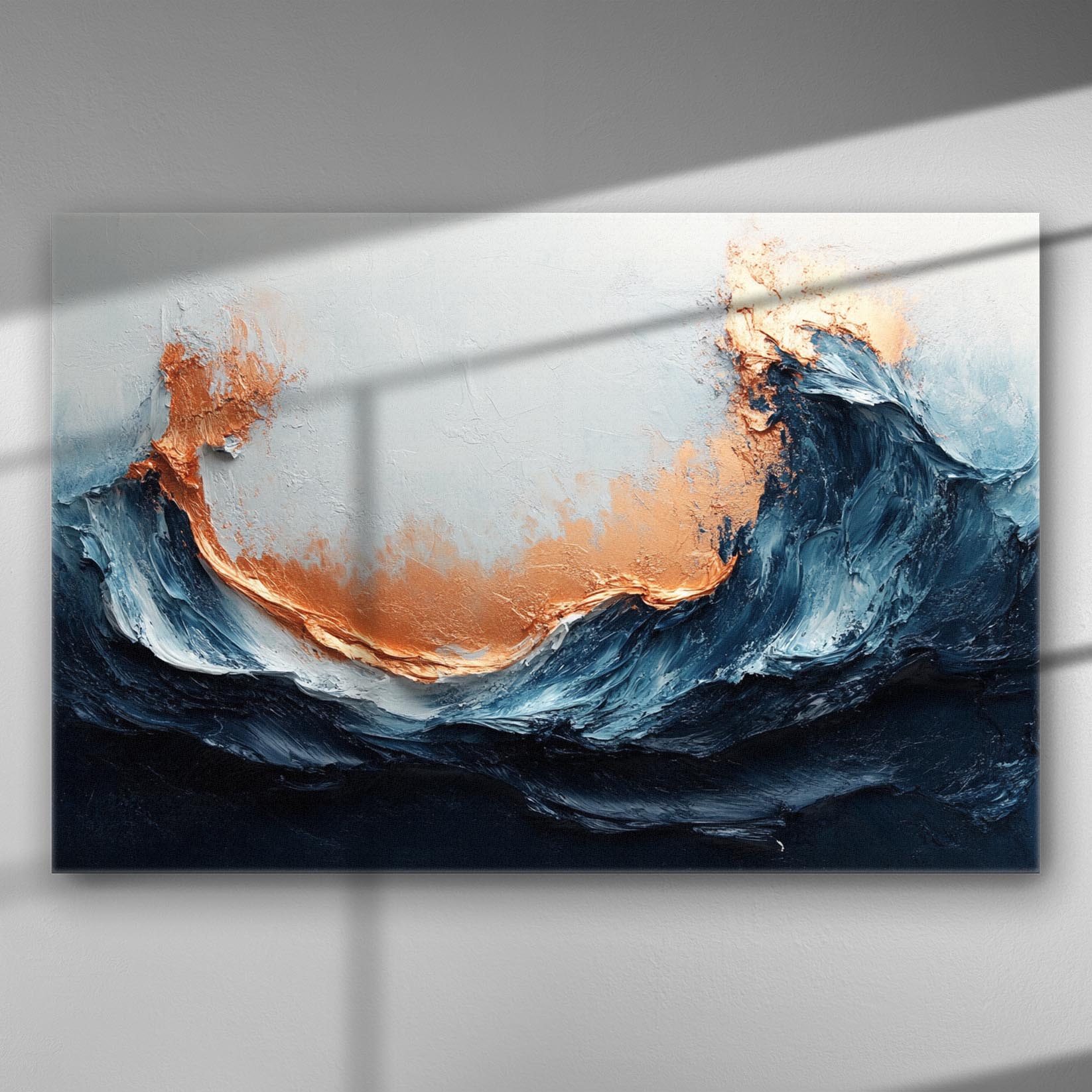 Abstract ocean waves painting with blue and copper colors on canvas.