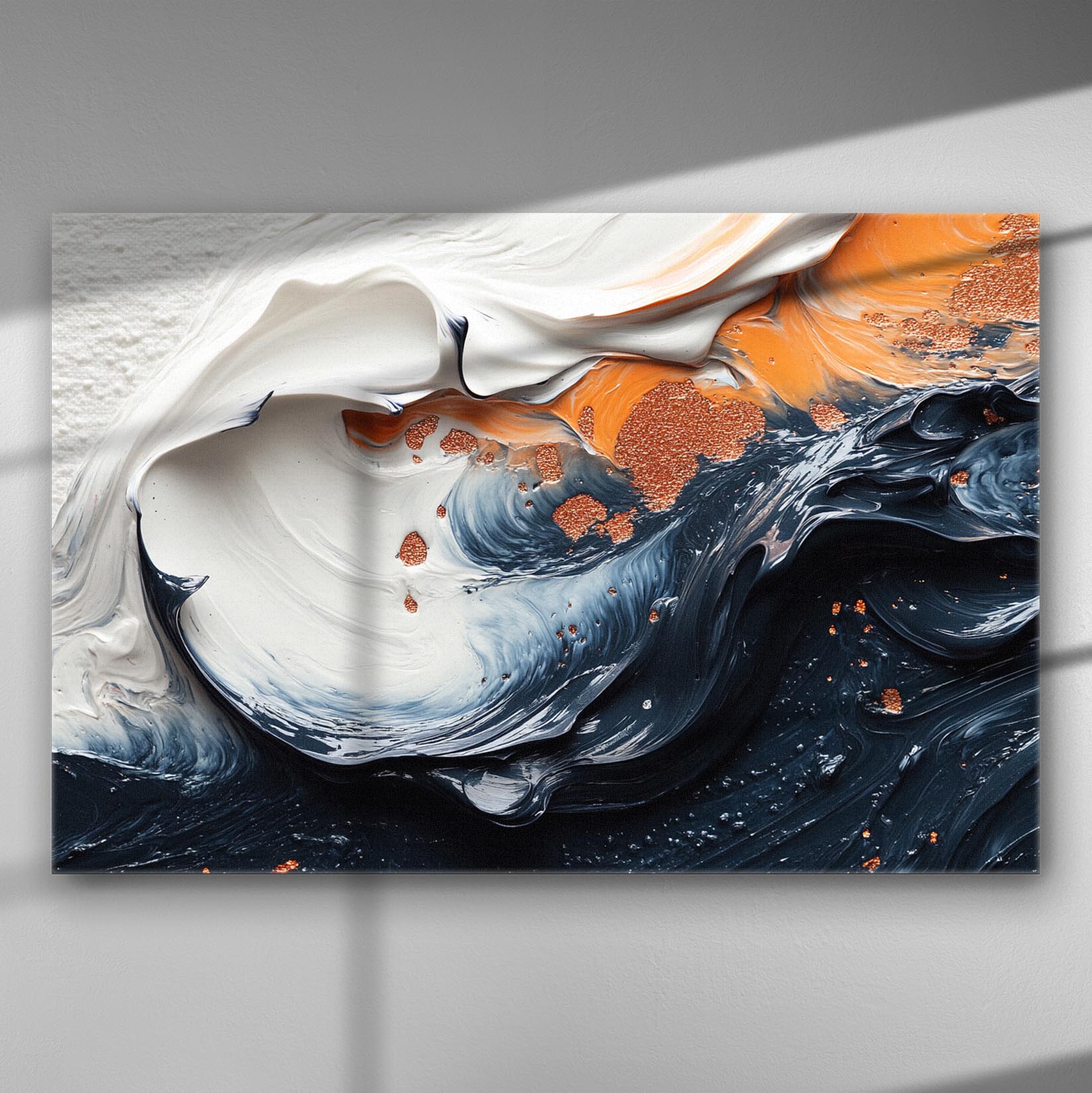 Abstract swirl of dark blue, orange, and white with copper accents on canvas.