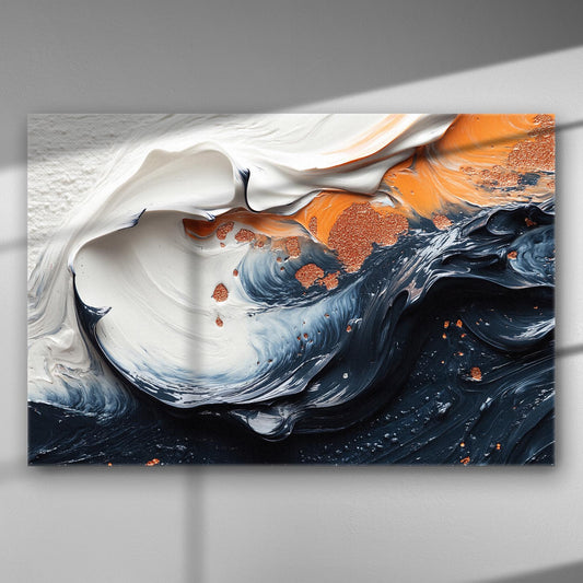 Abstract swirl of dark blue, orange, and white with copper accents on canvas.