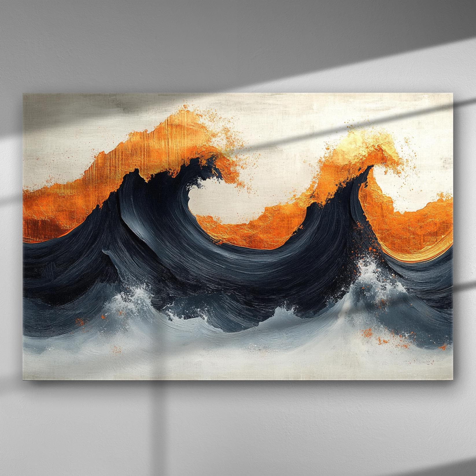 Abstract painting of dark blue waves with orange accents on canvas