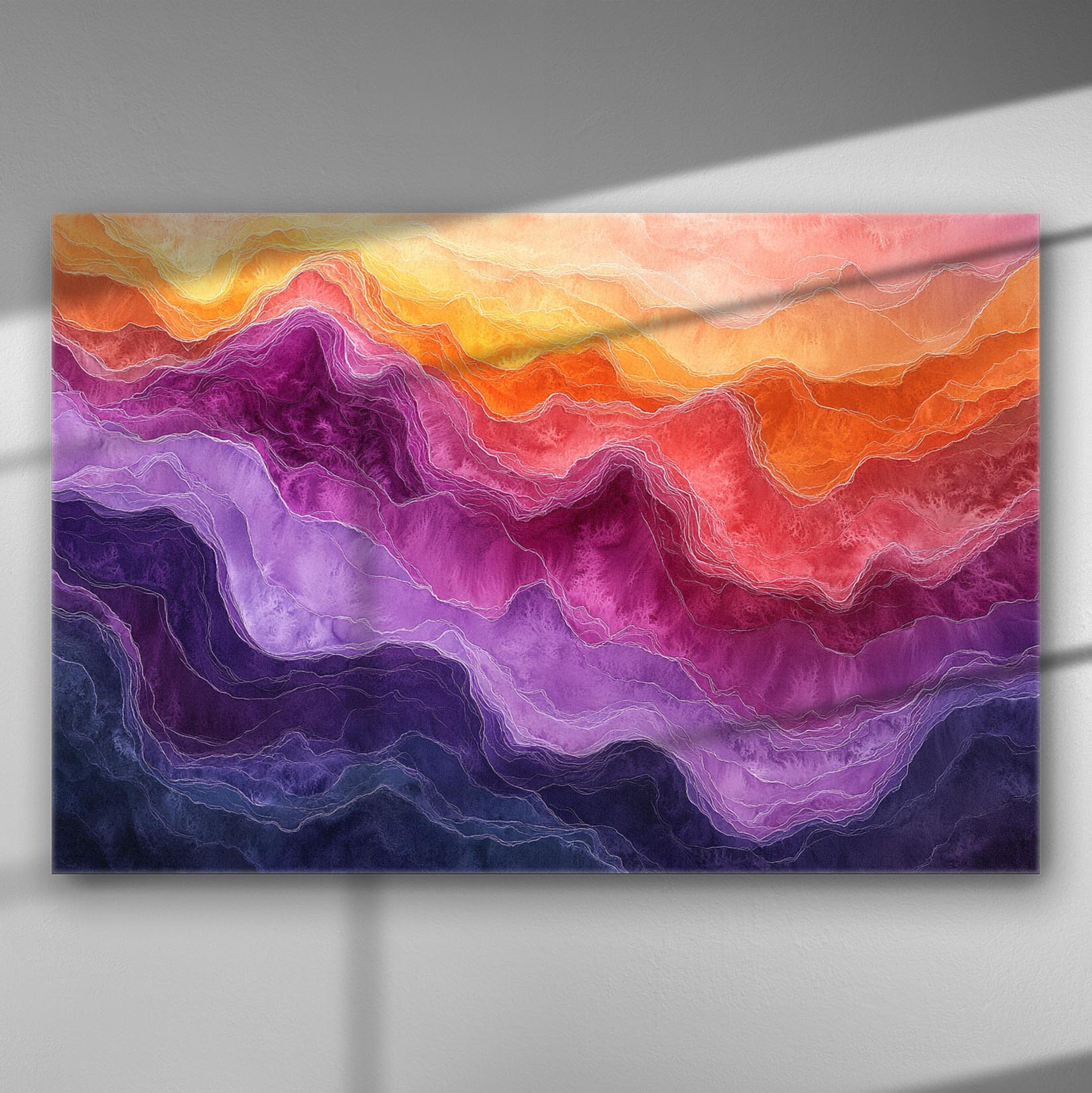 Canvas print showing a vibrant abstract landscape with shades of yellow, orange, pink, and purple.