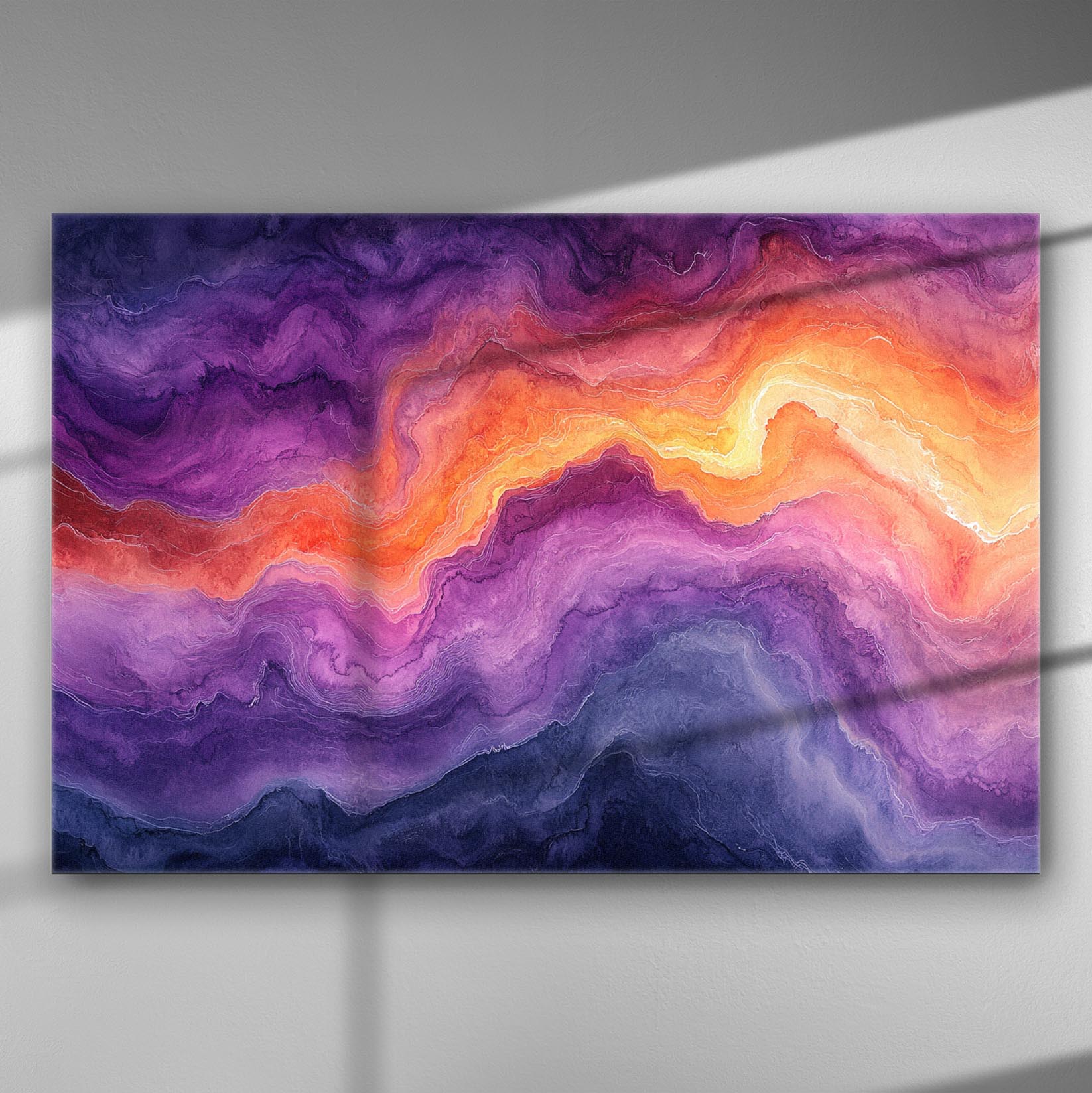 Abstract painting with shades of purple and orange, resembling a vibrant sky.