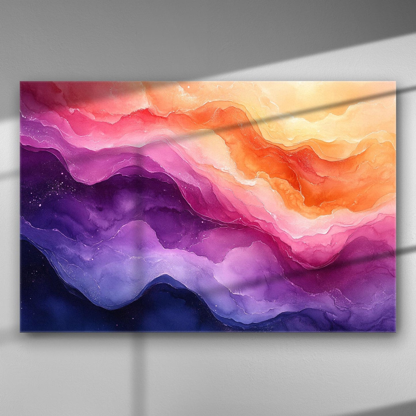 Abstract art canvas print with flowing layers of blue, purple, and orange hues.