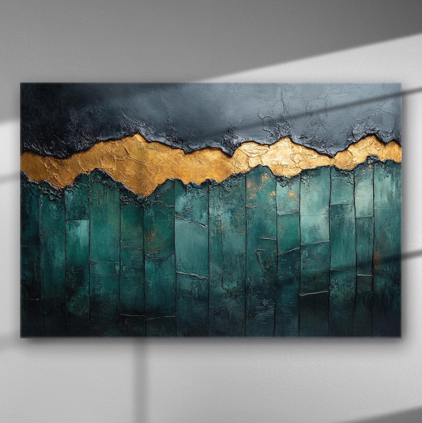 Canvas print with gold ridges and green background, ideal for elegant decor.