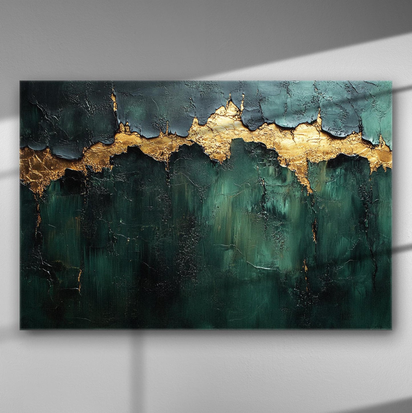 Canvas painting with a green background and a striking golden line running horizontally through the center.