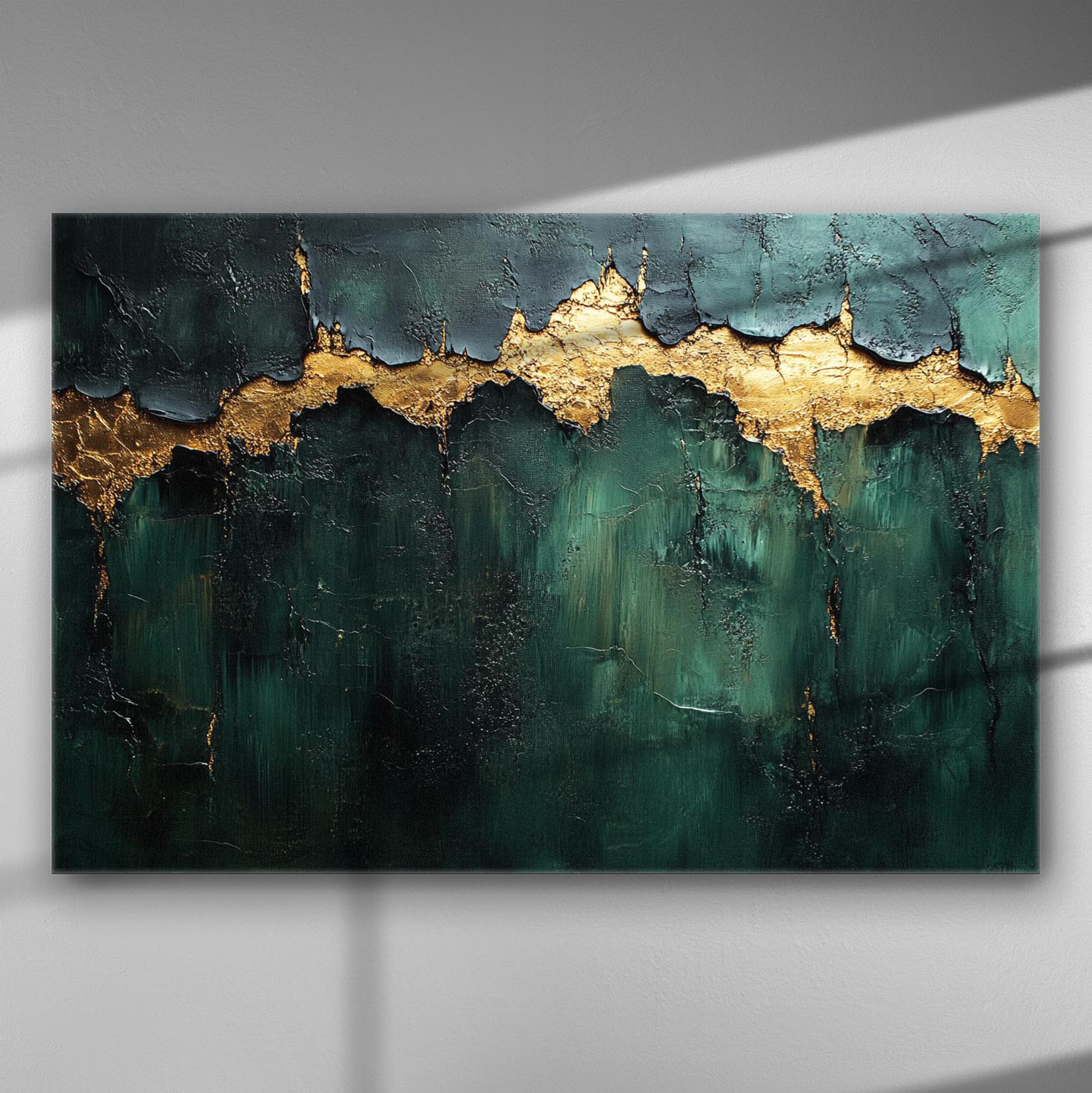 Canvas painting with a green background and a striking golden line running horizontally through the center.
