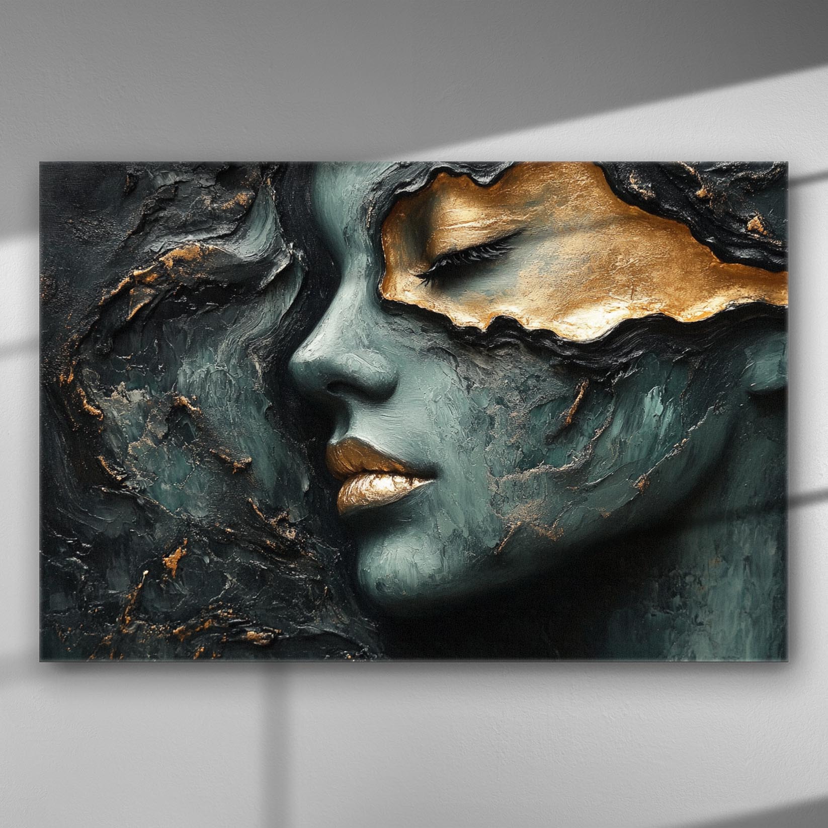 Abstract art with a woman's face in blue and gold tones, textured canvas.