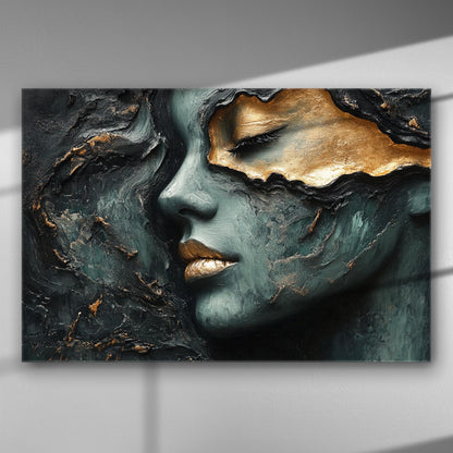 Abstract art with a woman's face in blue and gold tones, textured canvas.