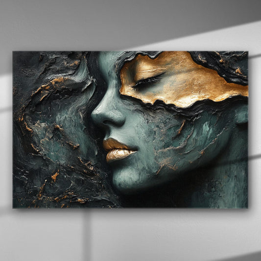Abstract art with a woman's face in blue and gold tones, textured canvas.