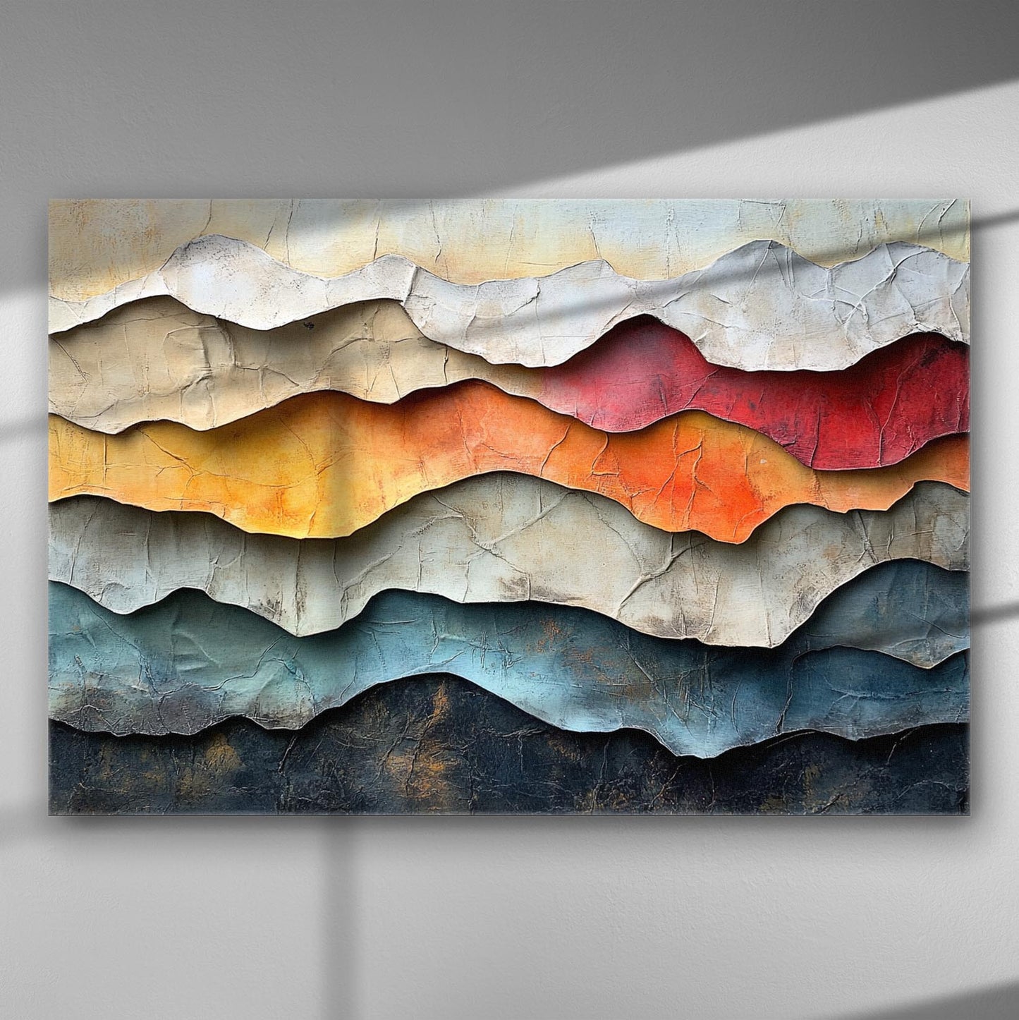 Abstract landscape with colorful layers on canvas, featuring warm and cool tones.