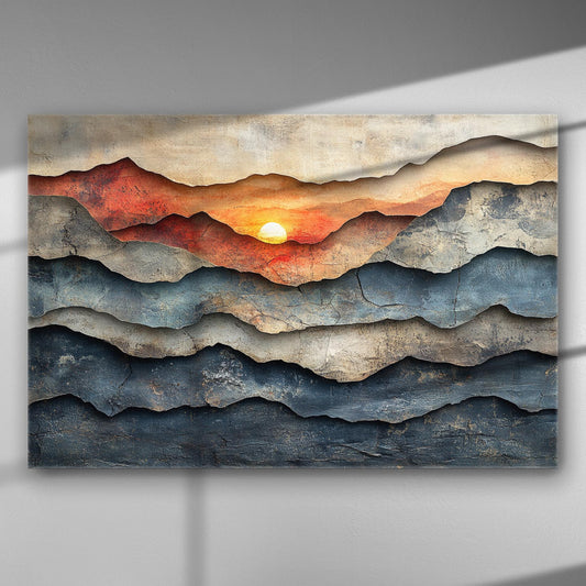 Canvas print of a sunset over layered mountains with warm and cool tones.