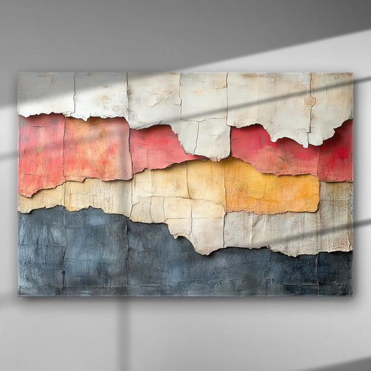 Abstract canvas with red, yellow, and blue painted in layered cracked textures.