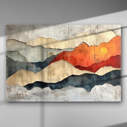 Abstract landscape canvas with sunset in shades of blue and orange.