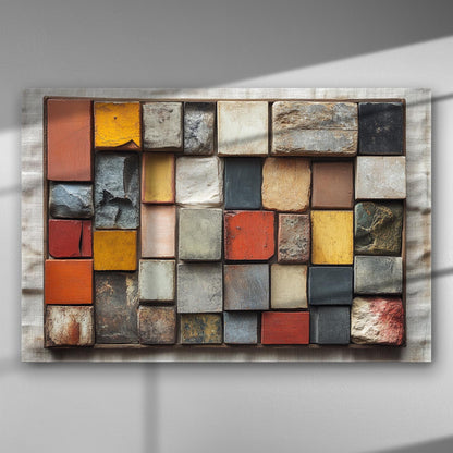 Colorful and textured geometric wall art on canvas with various square shapes.