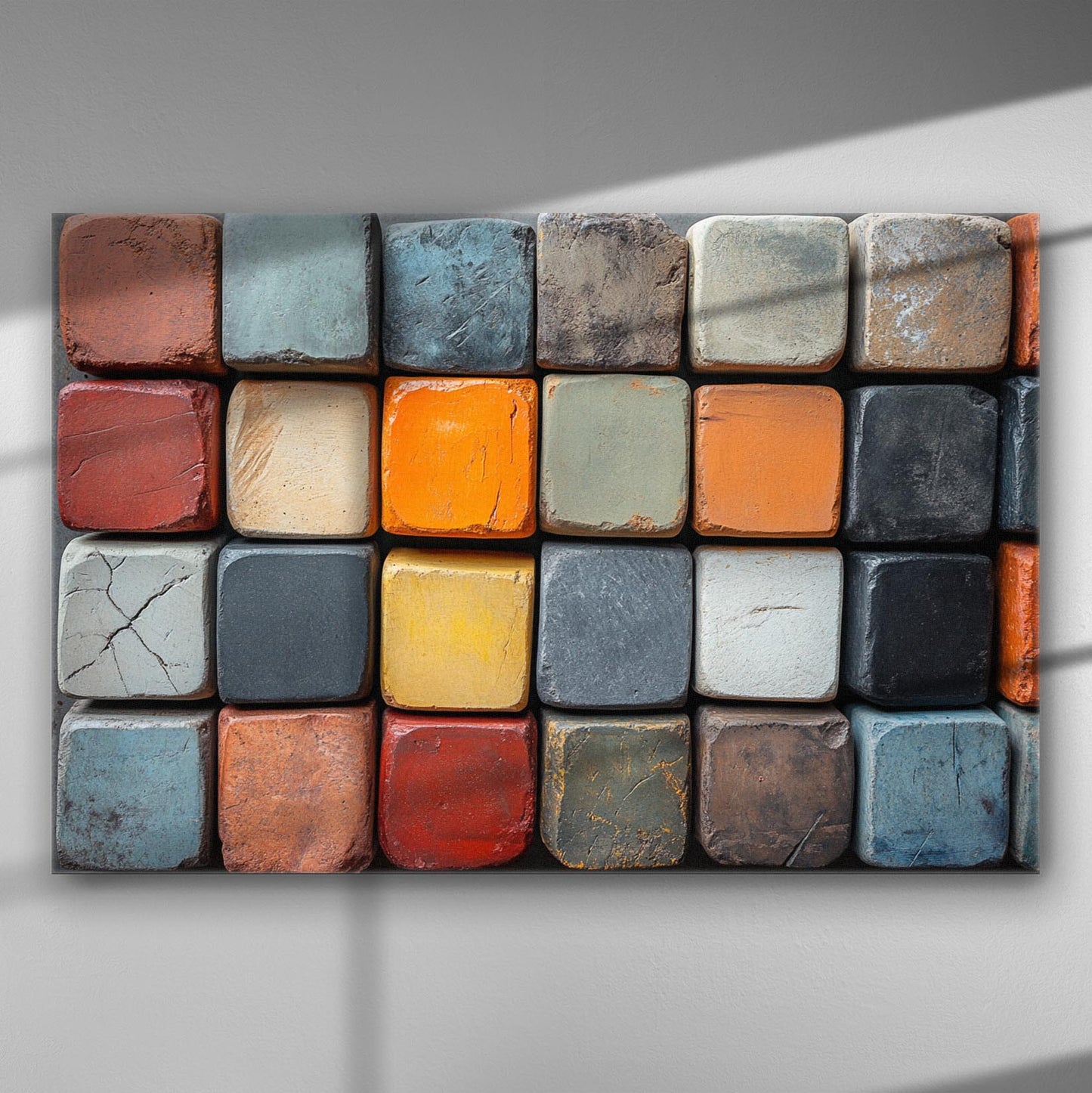 Vibrant cube art canvas with colorful geometric shapes and textures, perfect for modern decor.