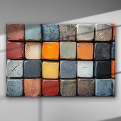 Vibrant cube art canvas with colorful geometric shapes and textures, perfect for modern decor.