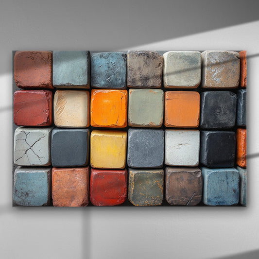 Vibrant cube art canvas with colorful geometric shapes and textures, perfect for modern decor.