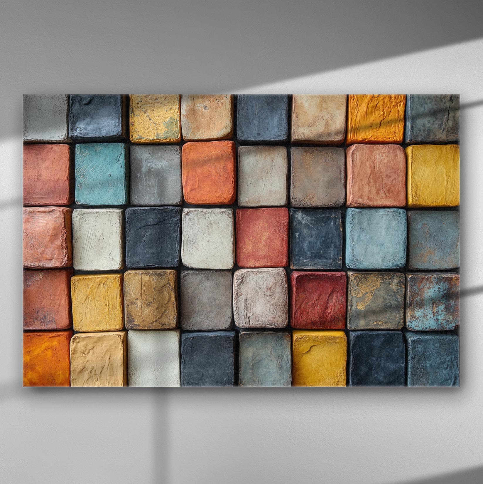 Colorful cubes arranged in a grid on a canvas art print with vibrant, geometric design.