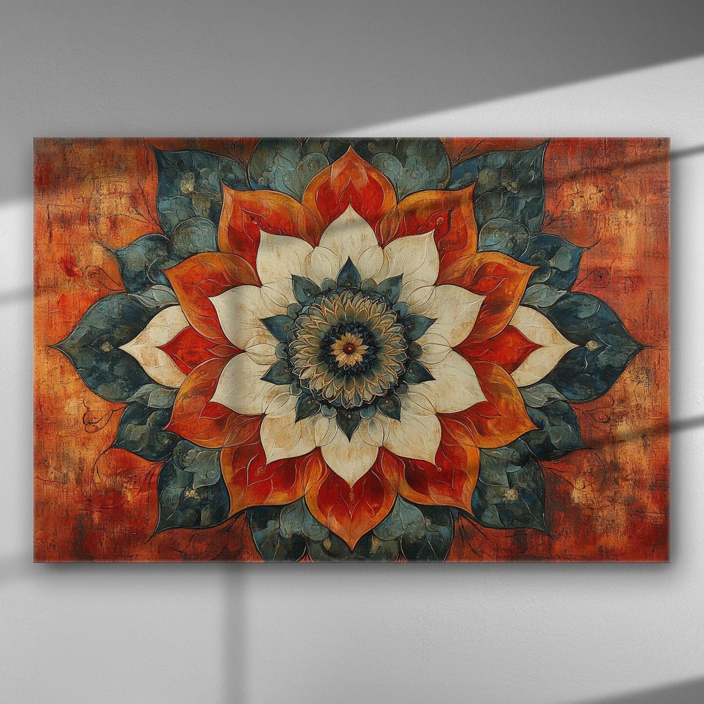 Colorful floral mandala canvas with red, orange, and blue hues.
