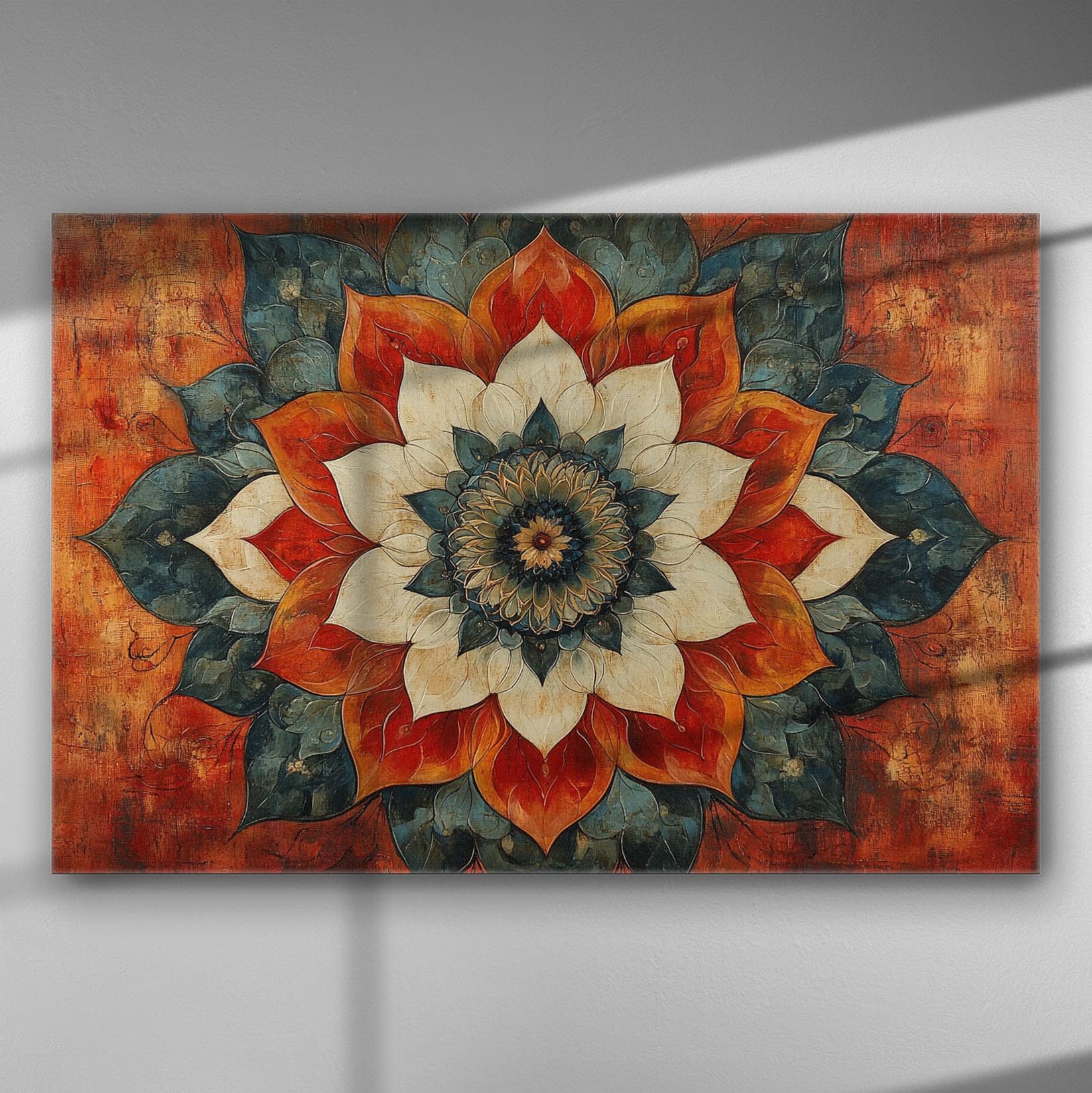 Colorful floral mandala canvas with red, orange, and blue hues.