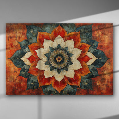 Colorful floral mandala canvas with red, orange, and blue hues.