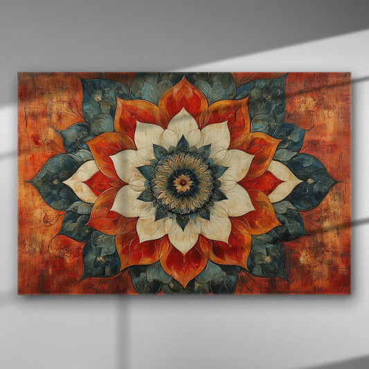 Colorful floral mandala canvas with red, orange, and blue hues.
