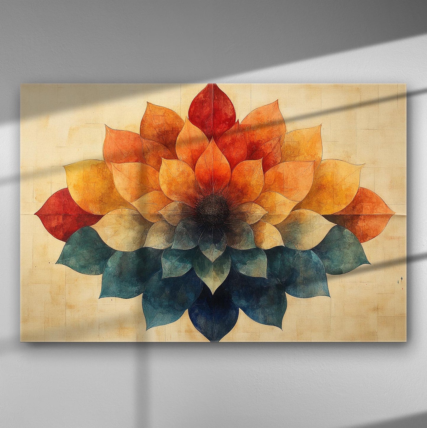 Canvas print of a colorful flower-like pattern with red, orange, and blue hues.