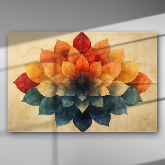 Canvas print of a colorful flower-like pattern with red, orange, and blue hues.