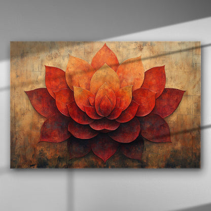 Canvas print of a fiery red-orange lotus flower with textured petals against a beige background.