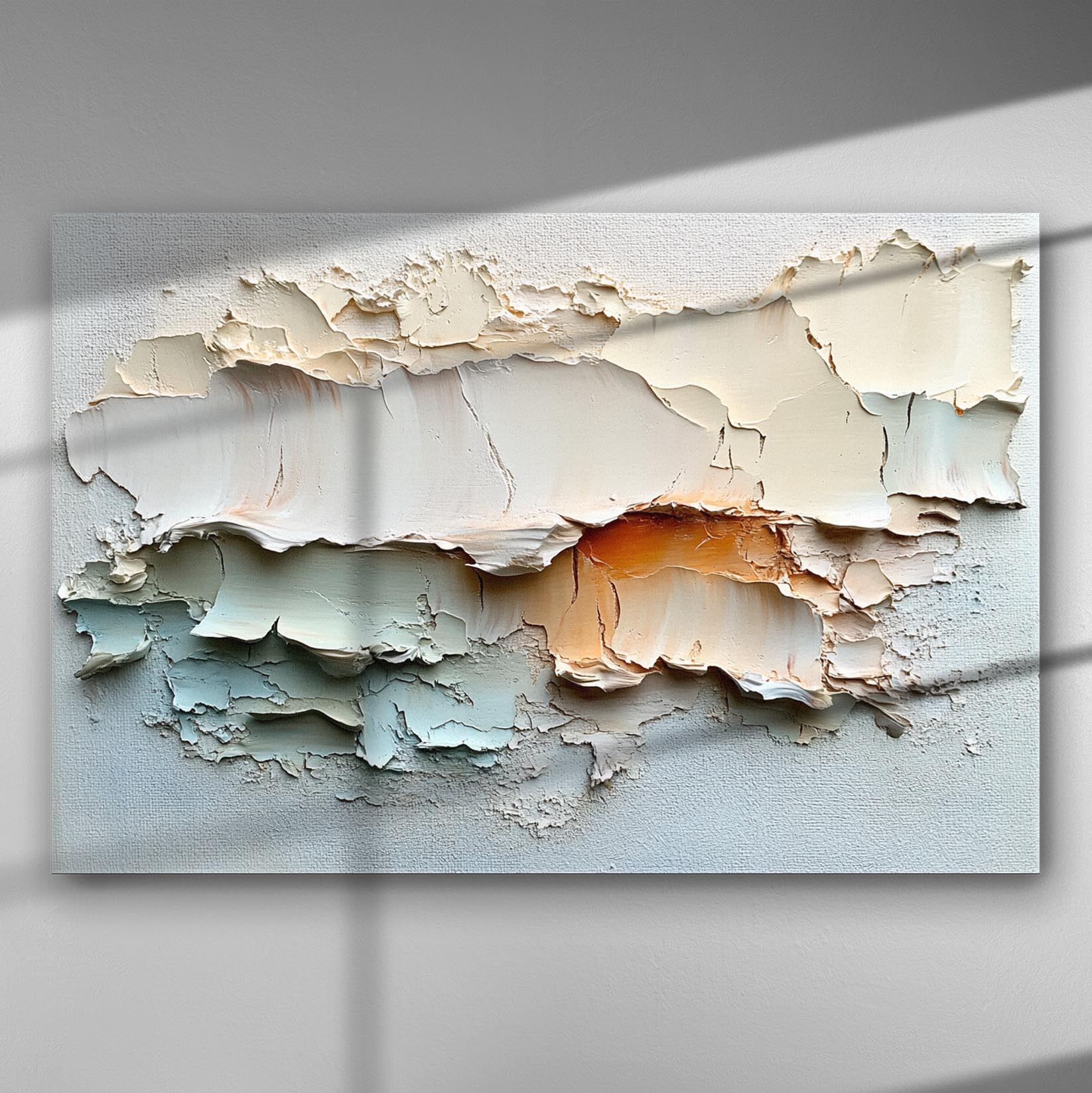 Abstract texture art canvas with layers of cream, orange, and blue.