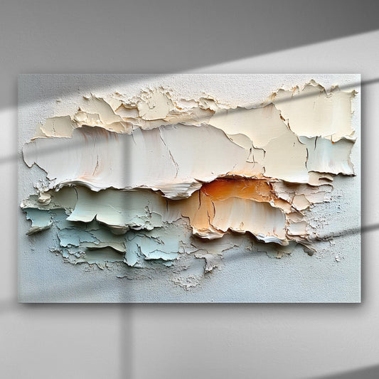 Abstract texture art canvas with layers of cream, orange, and blue.