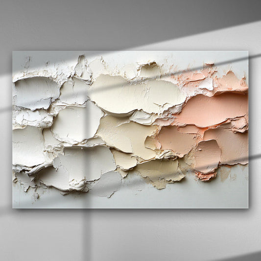 A textured canvas painting with shades of white, beige, and peach creating a 3D effect.