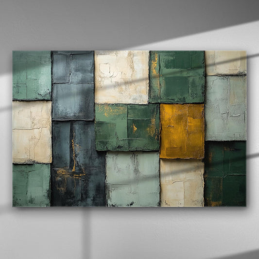 Geometric abstract artwork with green and yellow textured rectangles on canvas.