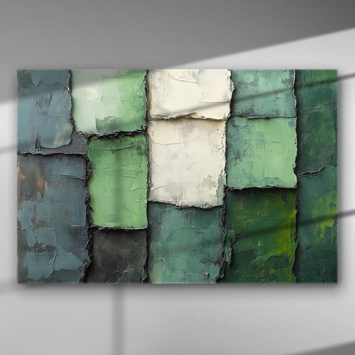 Abstract canvas art with shades of green and blue forming a textured pattern