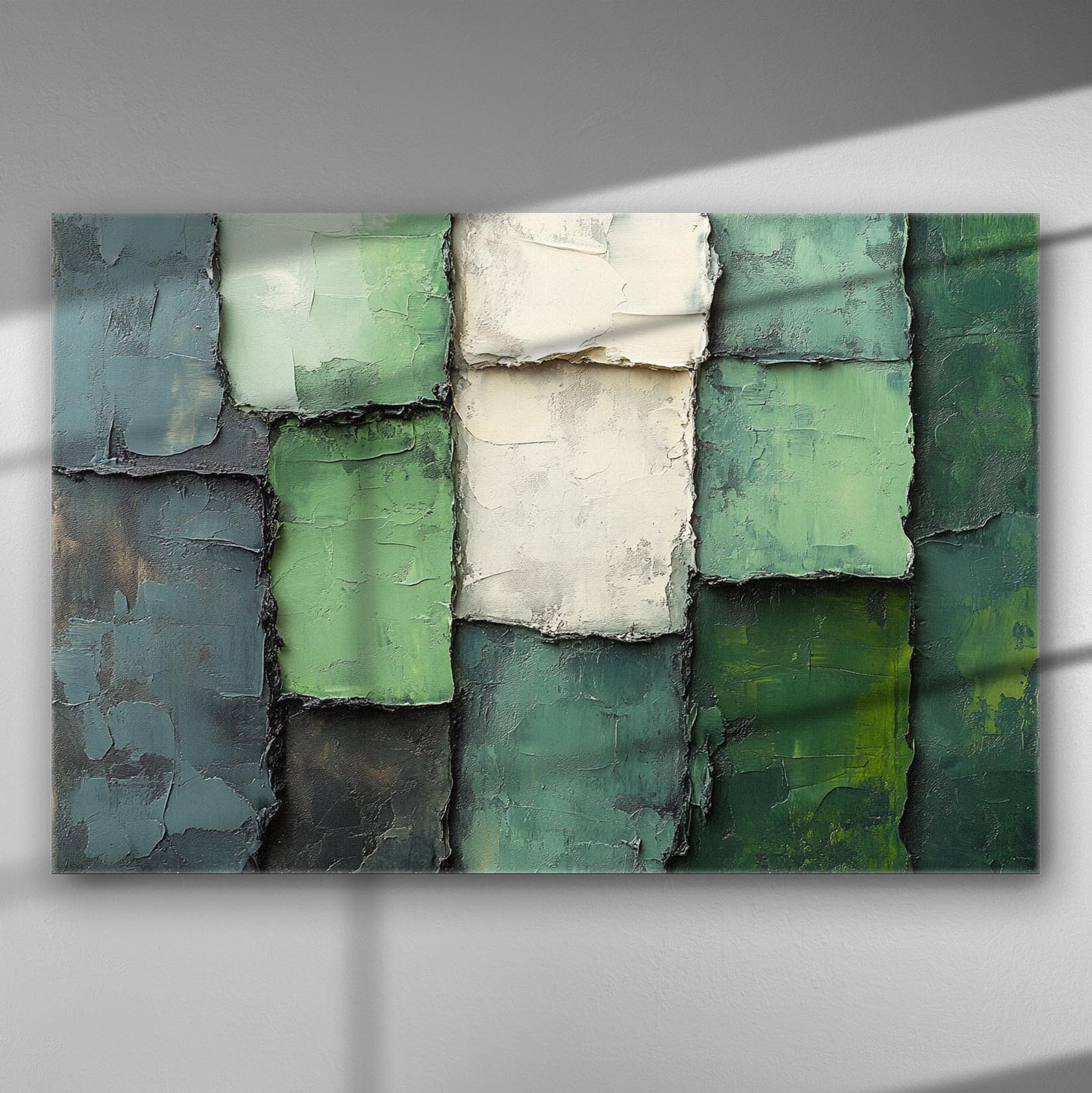 Abstract canvas art with shades of green and blue forming a textured pattern