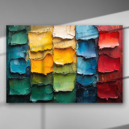 Colorful abstract painting with textured layers of various vibrant hues.