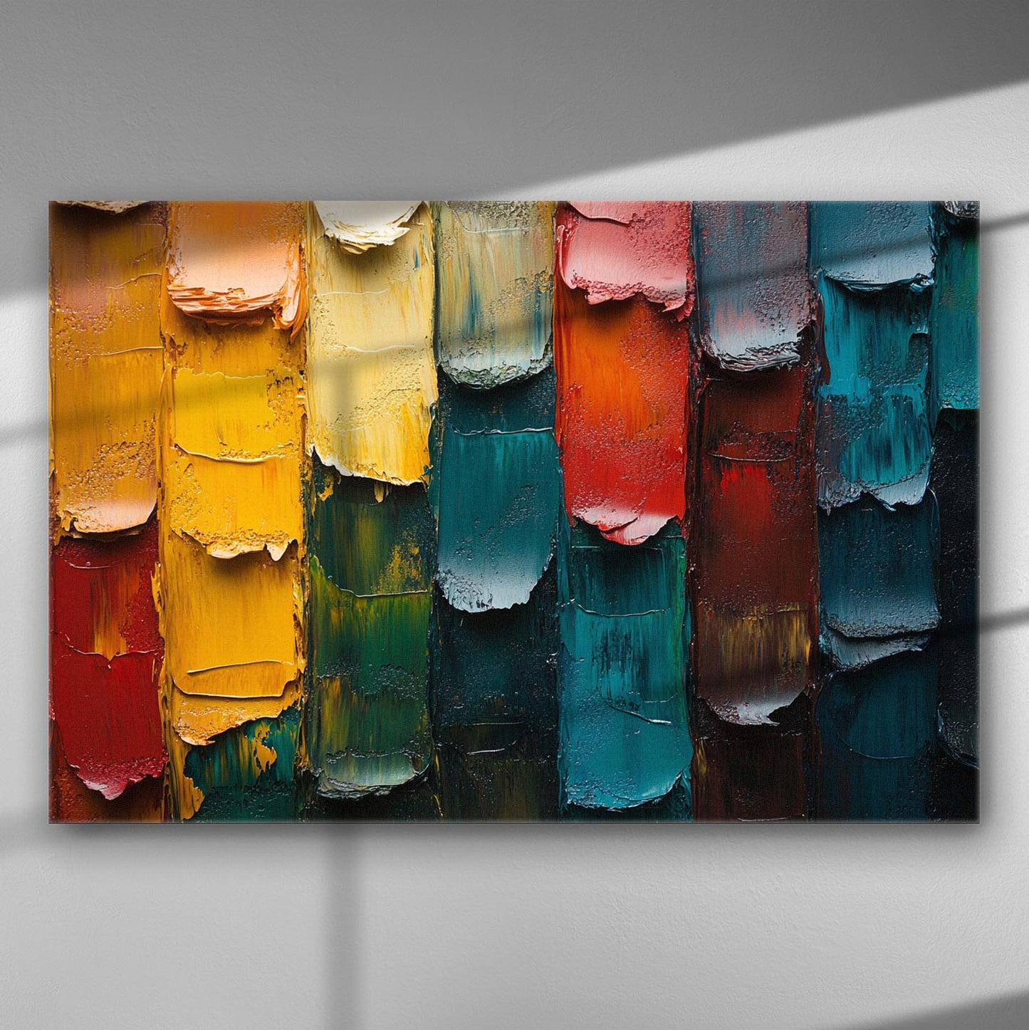 Colorful abstract paint strokes canvas print with bold textures and a mix of green, red, yellow, and blue hues.