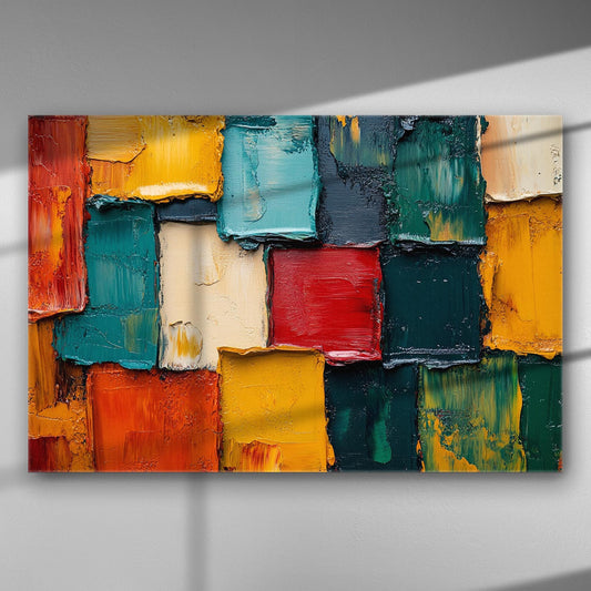 Colorful abstract painting with blocks of various colors, including red, yellow, blue, and green.