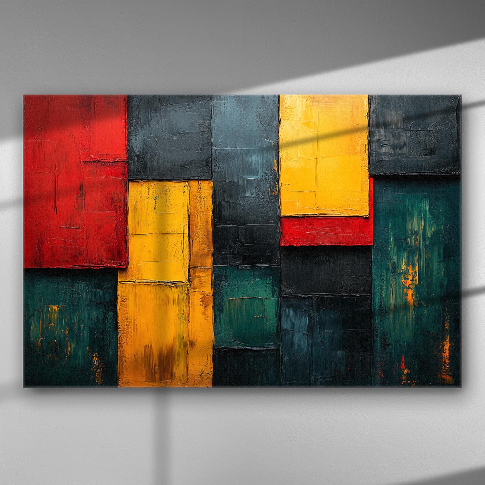 Abstract geometric canvas with bold red, yellow, and black rectangles, creating a modern and dynamic art piece.