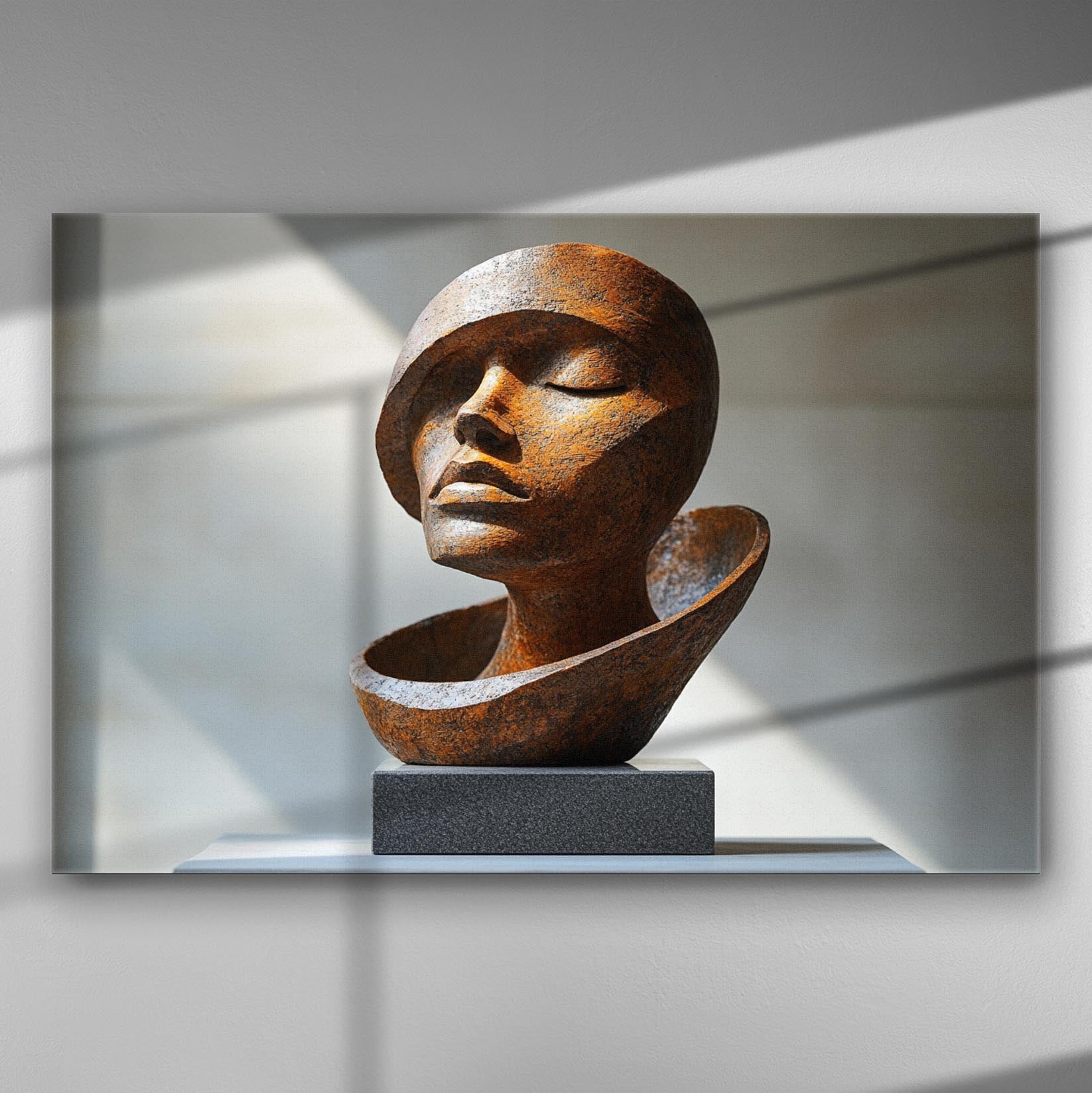A sculpted head with closed eyes, showing tranquility, with a rust-like texture on a canvas.