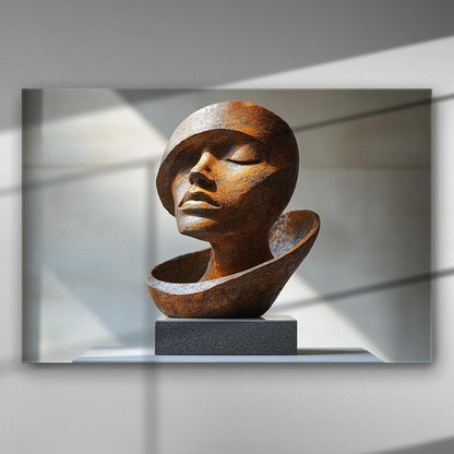 A sculpted head with closed eyes, showing tranquility, with a rust-like texture on a canvas.