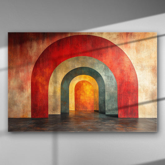 Abstract canvas print featuring colorful arches in shades of red, blue, and gold on a textured background.